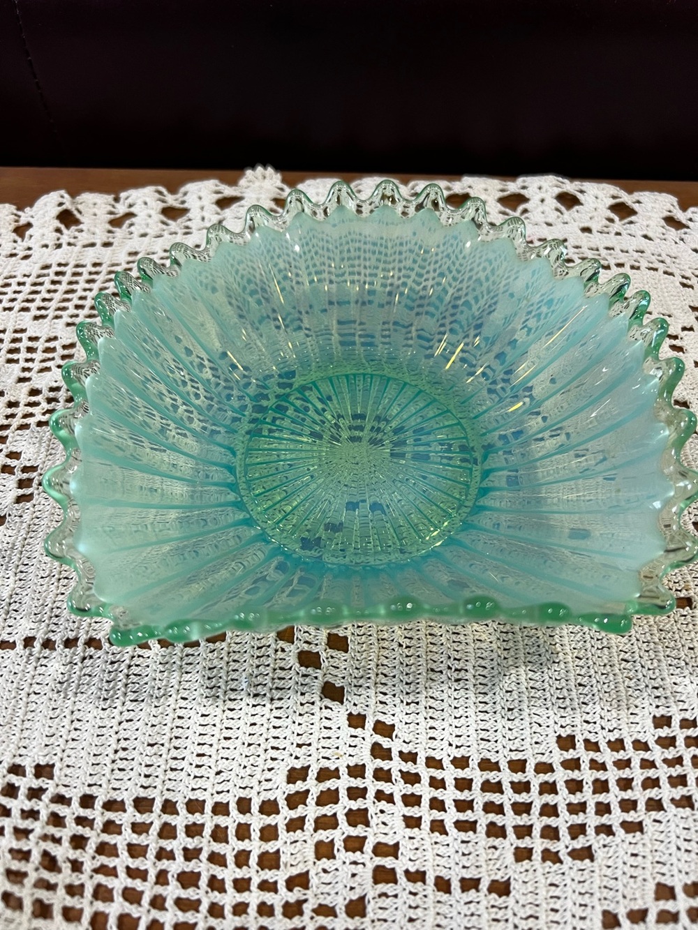 Vintage Fostoria Heirloom green opalescent square bowl. Perfect condition